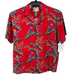 NWT Paradise Found Hawaiian Shirt Mens L Red Tropical Magnum PI Parrots Vintage